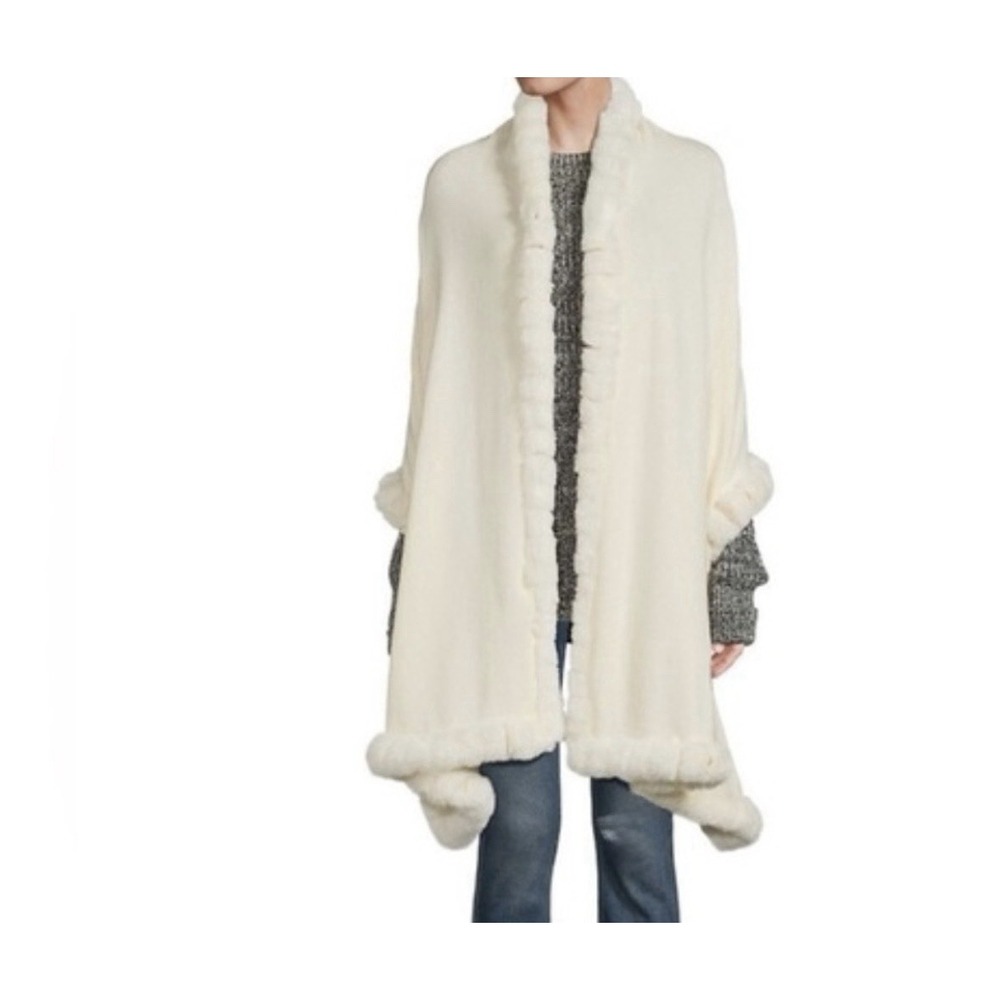 NWT La Fiorentina Oversized Rex Rabbit Faux Fur Trim Wrap Ivory Cream Scarf